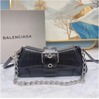 Buy Classic Balenciaga LINDSAY CROCODILE EMBOSSED SHOULDER BAG WITH STRAP 6088 black
