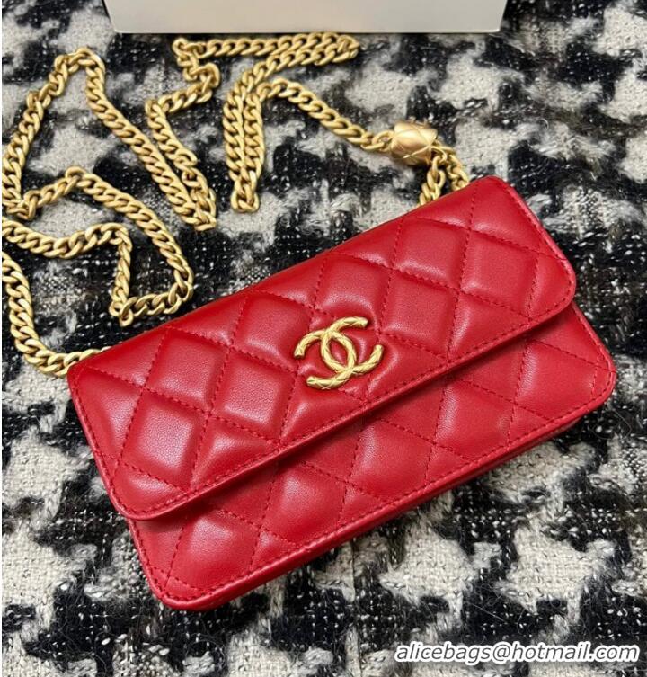 Famous Brand Chanel WALLET ON CHAIN Lambskin & Gold-Tone Metal 68107 red
