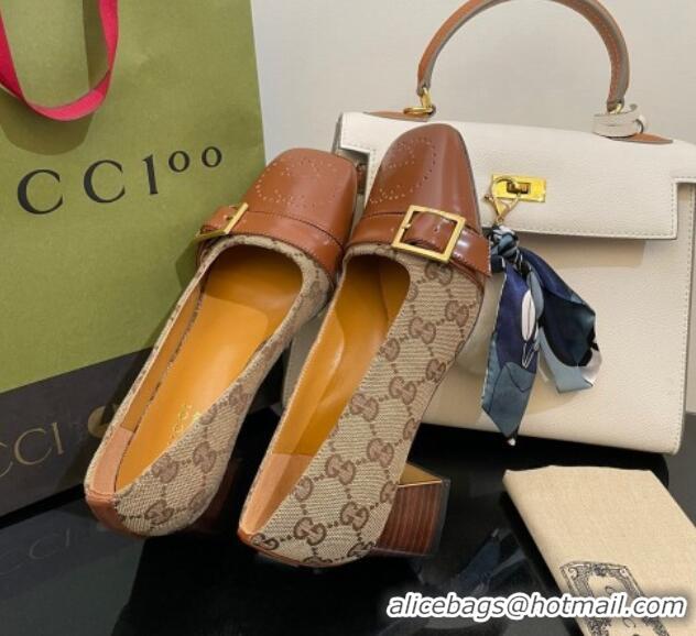 Perfect Gucci GG Canvas Pumps 4.5cm with Buckle Camel Brown 090888