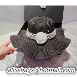 Shop Discount Chanel Straw Wide Brim Hat with Pearl and Camellia CH2416 Black 2022