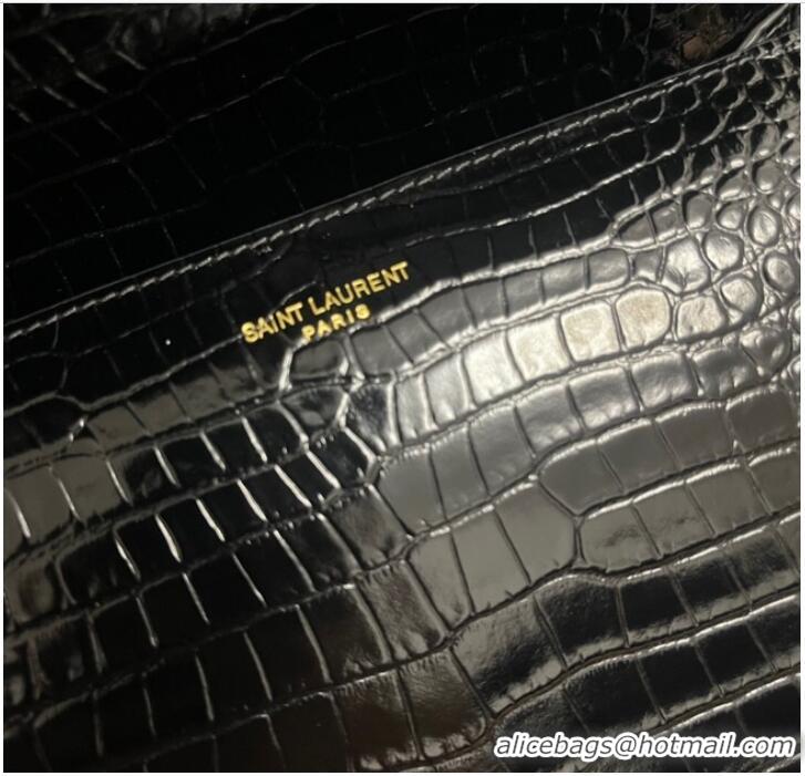 Inexpensive SAINT LAURENT CASSANDRA MEDIUM TOP HANDLE BAG IN CROCODILE-EMBOSSED SHINY LEATHER B623931 BLACK