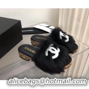 Low Price Chanel Shearling Wool Slide Sandals G39357 Black