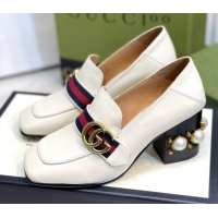 Discount Gucci Leather GG Pumps with Pearl Heel 6cm White 2081029