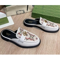 Grade Quality Gucci Leather and Flower Jacquard Flat Mules White 082596