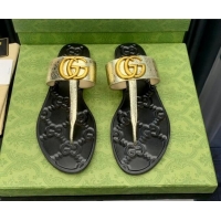 Sophisticated Gucci Leather Flat Thong Sandals with GG Gold 091242