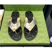 Grade Gucci Leather Flat Thong Sandals with Interlocking G Gold 091243