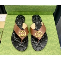 Good Quality Gucci Leather Flat Thong Sandals with Interlocking G Brown 091248