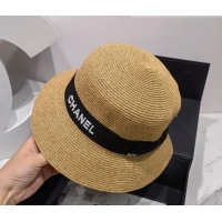 Buy Fashionable Chanel Straw Wide Brim Hat 042985 Khaki/Black 2022