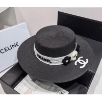 Classic Promotional Chanel Straw Wide Brim Hat 043080 Black 2022
