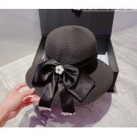 Classic Chanel Straw Bucket Hat with Silk Bow CH3138 Black 2022