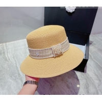 Promotional Chanel Straw Bucket Hat with Pearl and Tweed Band CH2430 Beige 2022