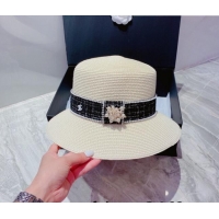 Promotional Chanel Straw Bucket Hat with Pearl and Tweed Band CH2430 White 2022