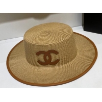 Top Grade Chanel Straw Wide Brim Hat 070695 Khaki 2022