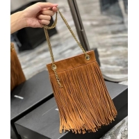 Promotional SAINT LAURENT SMALL CHAIN BAG IN LIGHT SUEDE WITH FRINGES 683378 brown
