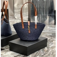 Well Crafted SAINT LAUREN PANIER SMALL BAG IN CROCHET RAFFIA AND SMOOTH LEATHER 685618 dark blue