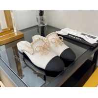 Duplicate Chanel Lambskin Flat Mules with Chain Bow White 082468