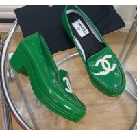 Comfortable Chanel CC Patent Leather Loafers Green 092122