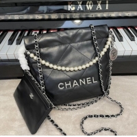 Top Design CHANEL MINI 22 HANDBAG Metallic Calfskin & Silver Metal AS3989 black