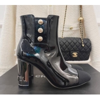 Lower Price Chanel Patent Leather Ankle Boots with CC Pearls 8.5cm Black 101290
