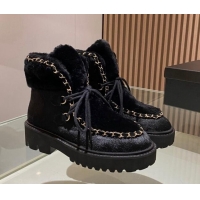 Duplicate Chanel Wool and Horse Fur Lace-up Ankle Boots Black 101302