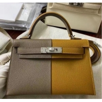 Pretty Style Hermes Kelly 19cm Shoulder Bags Epsom Leather KL19 Silver hardware gray&yellow