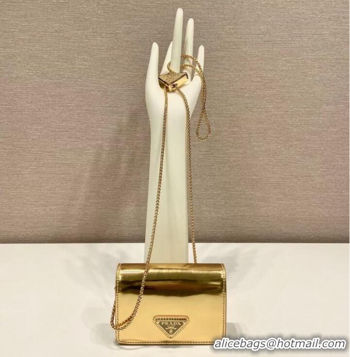 Top Quality Prada brushed leather card holder with shoulder strap 1MR024 gold