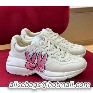 Grade Quality Gucci Rhyton Leather Sneakers White/Pink 2023 Year of the Rabbit 012972