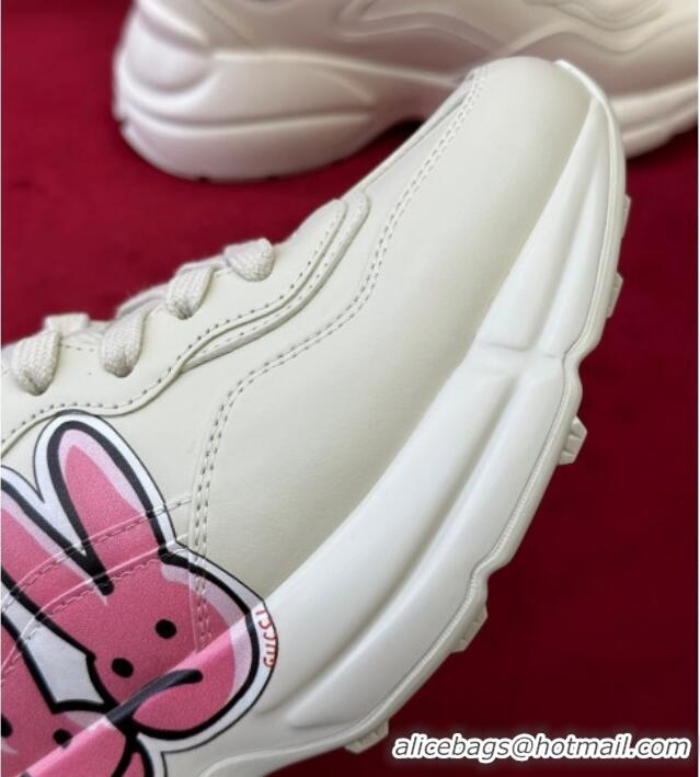 Grade Quality Gucci Rhyton Leather Sneakers White/Pink 2023 Year of the Rabbit 012972