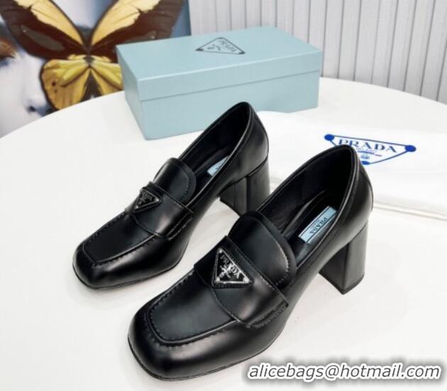 Good Looking Prada Brushed Lether Heel Loafers 7.5cm Black 113077