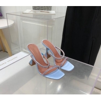 Famous Brand Amina Muaddi Gilda Silk High Heel Slides Sandal 9.5cm with Crystal AM2614 Light Blue 2022