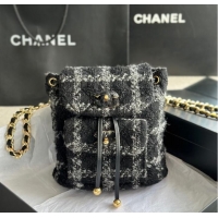 Reasonable Price Chanel BACKPACK Wool Tweed & Gold-Tone Metal AS3615 Black & Gray