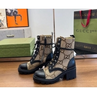 Popular Style Gucci Maci-GG Canvas Lace-up Ankle Boot Camel 2120240