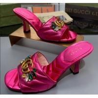 Good Looking Gucci Calfskin Heel Slide Sandals with Crystal Charm 7.5cm Pink 013003