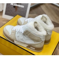 Perfect Fendi Match Shearling High-top Sneakers in Grained Leather and Suede White/Beige 120190