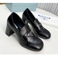 Good Looking Prada Brushed Lether Heel Loafers 7.5cm Black 113077