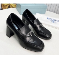 Perfect Prada Calf Leather Medium Heel Loafers 7.5cm Black 113078