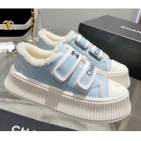 Most Popular Chanel Patent Leather and Wool Platform Sneakers Blue 122284