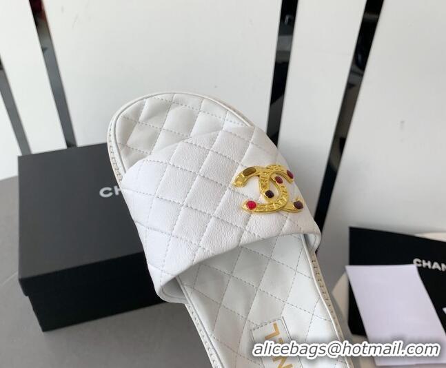 Luxury Chanel Quilted Leather Flat Slide Sandals with Stone CC White 022287