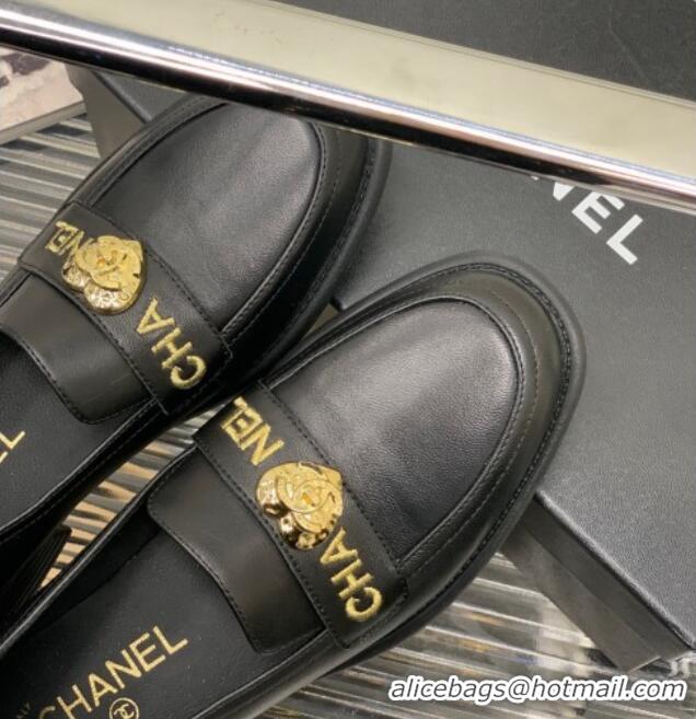 Good Quality Chanel Calfskin Loafers with Love Charm Black 022722