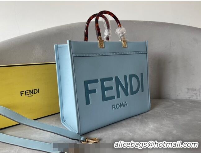 Most Popular Fendi Sunshine Leather Medium Shopper Bag FD8372 Light Blue 2023