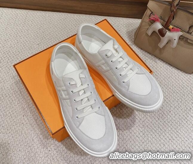 Shop Duplicate Hermes Deep Sneakers Ribbed Fabric and Suede Light Grey 110444