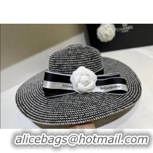 Top Quality Chanel Wide Brim Straw hat with Camellia Bloom C0216 Black 2023