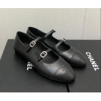 Low Price Chanel Lambskin & Calfskin Mary Janes Flat Shoe with Double Buckle G39514 Black 022232