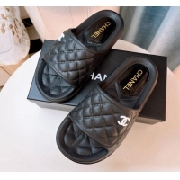 Stylish Chanel Quilted Leather Foldover Flat Slide Sandals 022748 Black