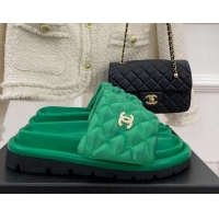 Good Quality Chanel Nylon Flat Slide Sandals Green 030252