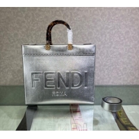 Promotional Fendi Sunshine Metallic Leather Medium Shopper Bag 8372 Silver 2023