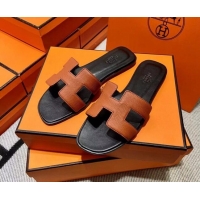 Purchase Hermes Classic Grained Leather Flat Slide Sandals Brown 110201