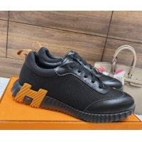 Sumptuous Hermes Bouncing Sneakers in Knit Fabric and Leather Black/Yellow 110468