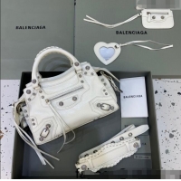 Top Grade Balenciaga Neo Cagole XS Lambskin Top Handle Bag with Crystal BA1570 White 2022