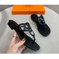 Top Design Hermes Egerie Thong Slide Sandals Black 022392